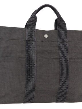 HERMES Her Line Tote MM Hand Bag Canvas Gray Silver Auth 172058